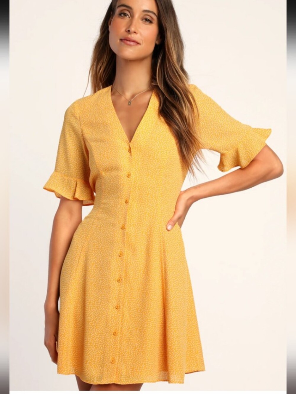 LULUS Castana Mustard Yellow Print Button-Up Dress